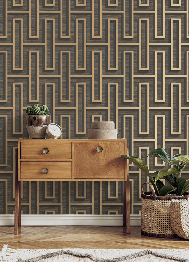 Henley Black Geometric Grasscloth Wallpaper  | Brewster Wallcovering - The WorkRm