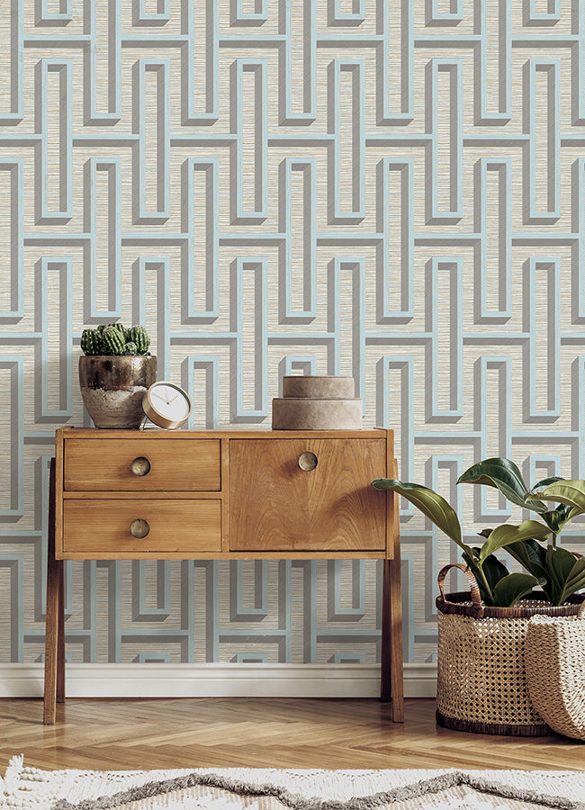 Henley Light Blue Geometric Grasscloth Wallpaper  | Brewster Wallcovering - The WorkRm