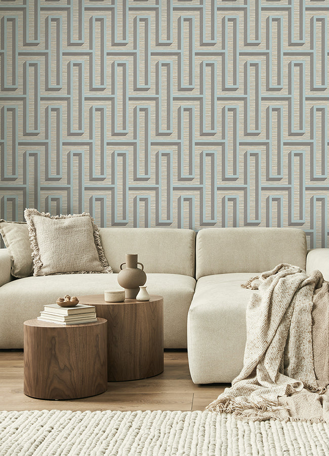 Henley Light Blue Geometric Grasscloth Wallpaper  | Brewster Wallcovering - The WorkRm