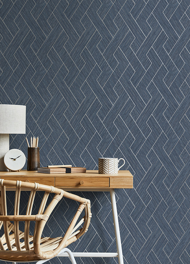 Ember Indigo Geometric Basketweave Wallpaper - Brewster Wallcovering