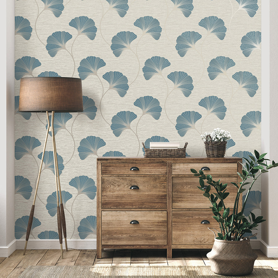 Miya Teal Ginkgo Wallpaper - Brewster Wallcovering