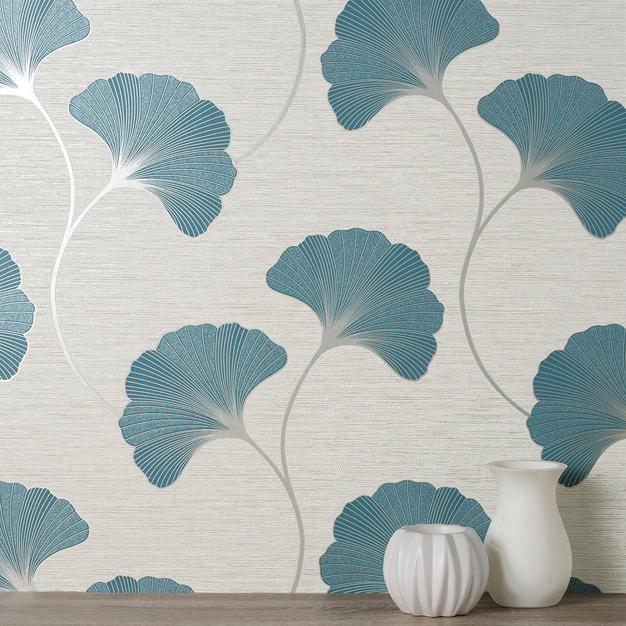 Miya Teal Ginkgo Wallpaper - Brewster Wallcovering