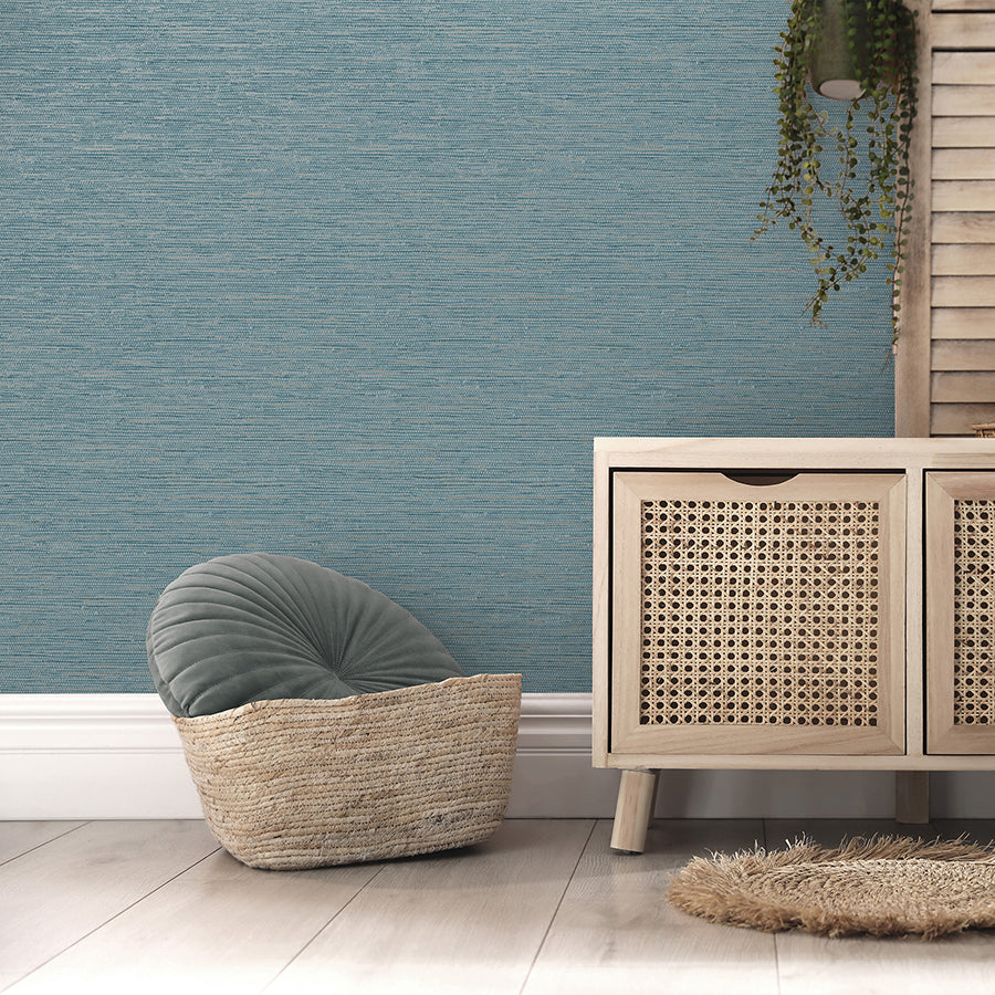 Mephi Teal Grasscloth Wallpaper - Brewster Wallcovering