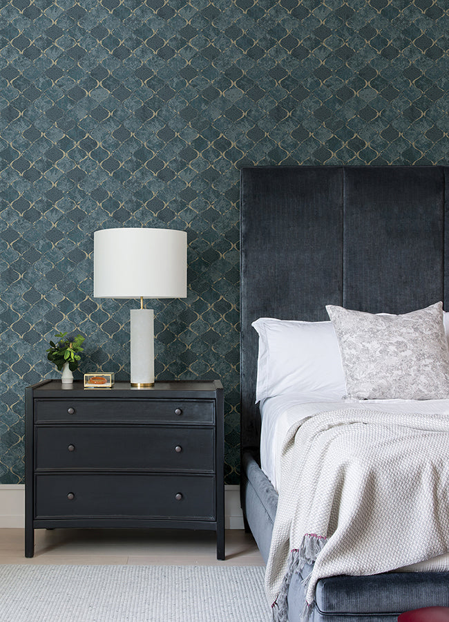 Pilak Blue Ogee Tile Wallpaper  | Brewster Wallcovering - The WorkRm