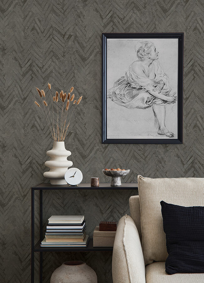 amesemi-dark-grey-distressed-herringbone-wallpaper-york-wallcoverings-4105-86611 - York Wallcoverings Papel pintado