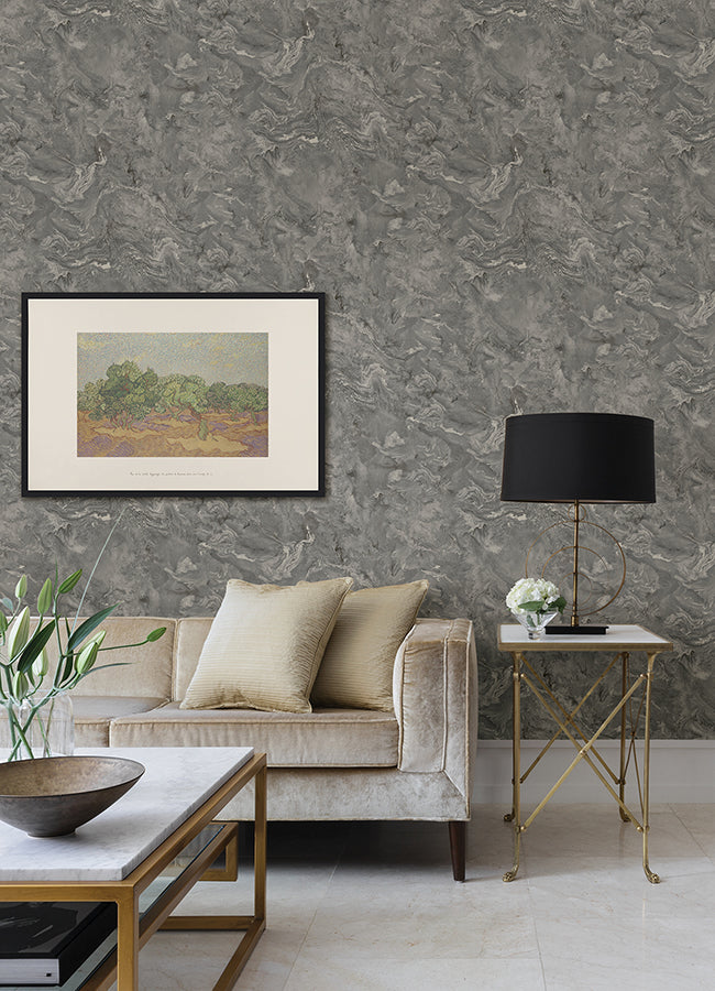 Meness Grey Metallic Marbling Wallpaper - Brewster Wallcovering