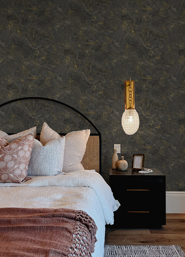 Meness Black Metallic Marbling Wallpaper - Brewster Wallcovering