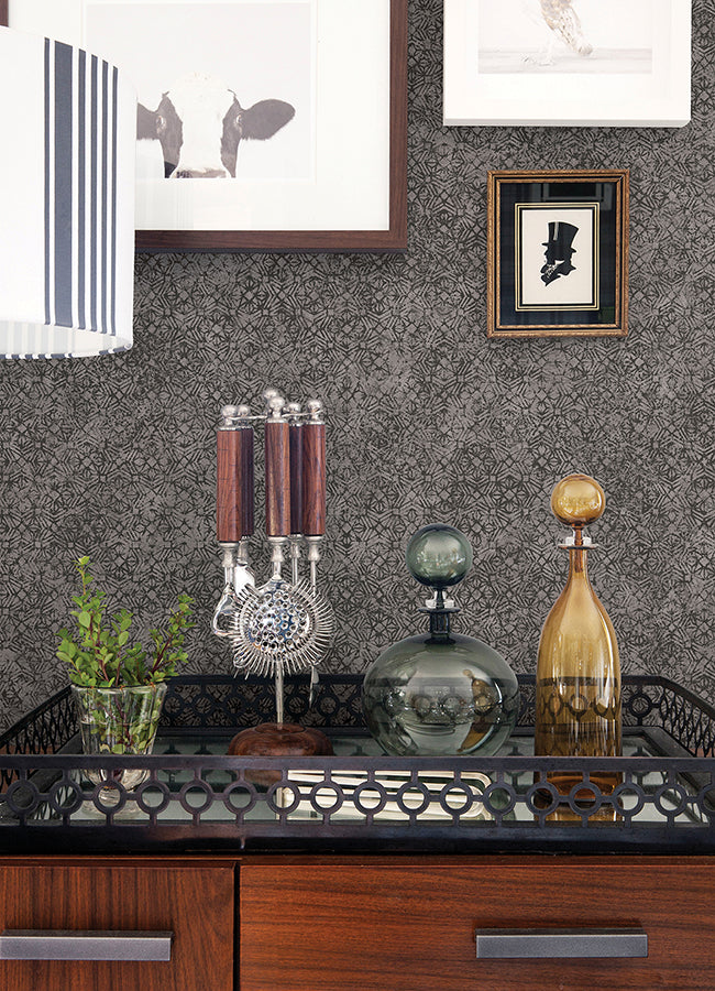 Hirawa Pewter Metallic Mosaic Wallpaper - Brewster Wallcovering