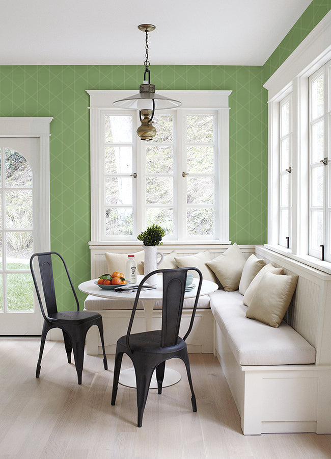 Walcott Light Green Stitched Trellis Wallpaper - Brewster Wallcovering