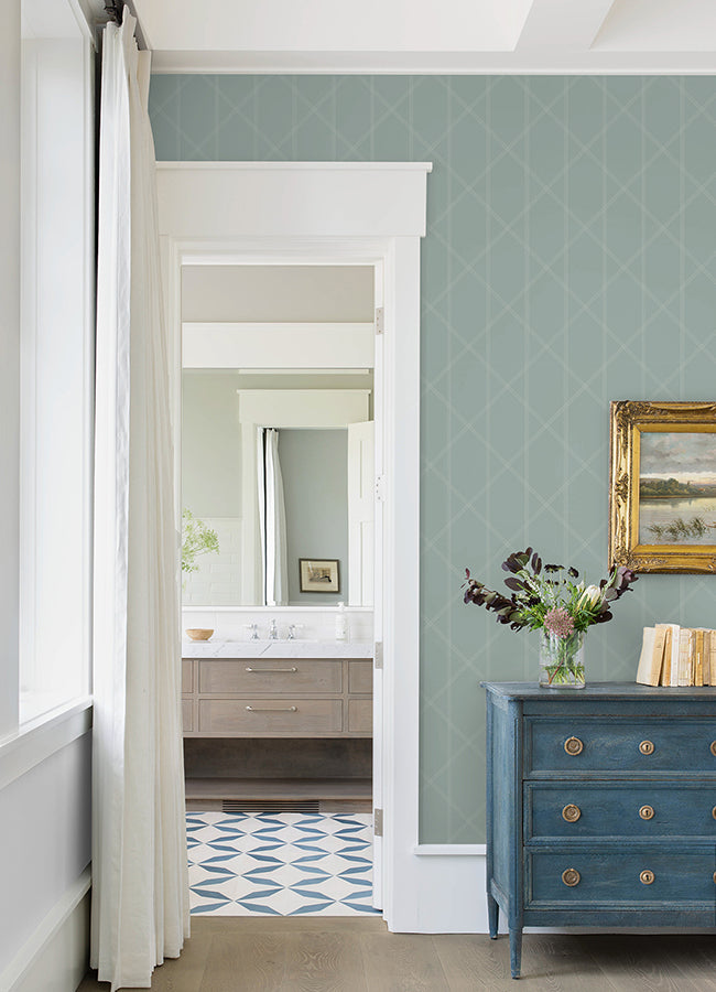 Walcott Seafoam Stitched Trellis Wallpaper - Brewster Wallcovering