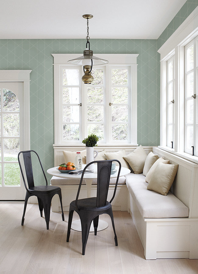 Walcott Seafoam Stitched Trellis Wallpaper - Brewster Wallcovering