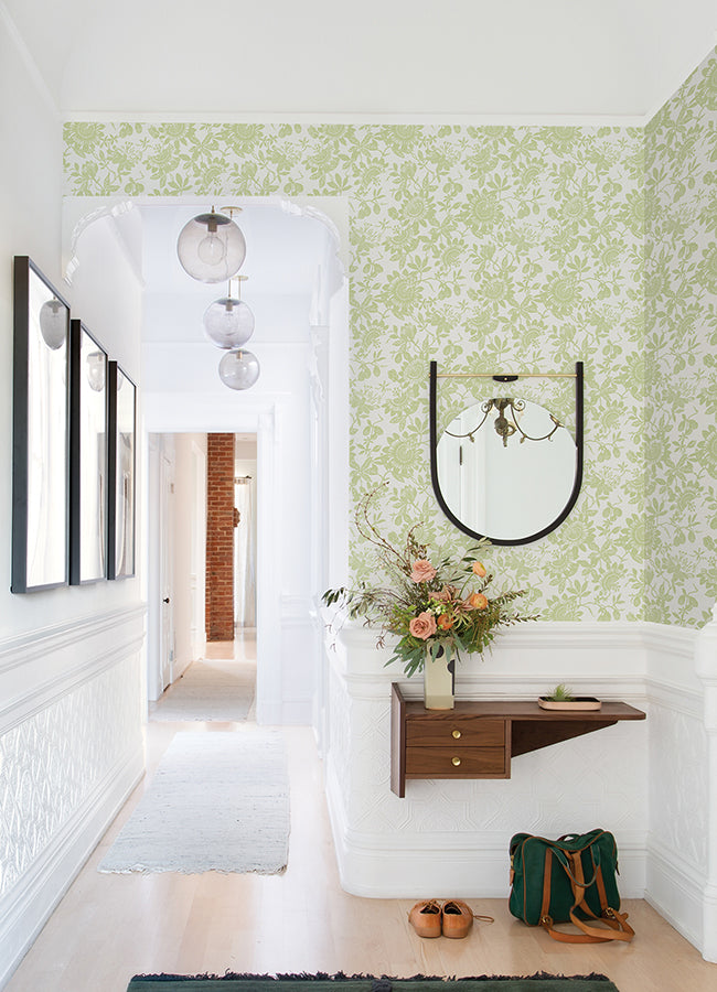 Helen Light Green Floral Trail Wallpaper - Brewster Wallcovering