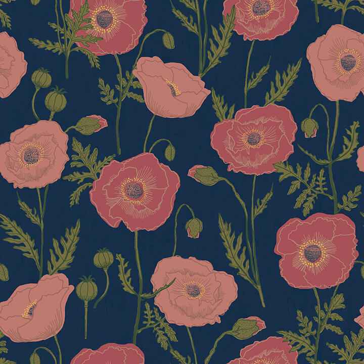 Navy Pink Poppy Field Peel and Stick Wallpaper - York Wallcoverings - JHS5028