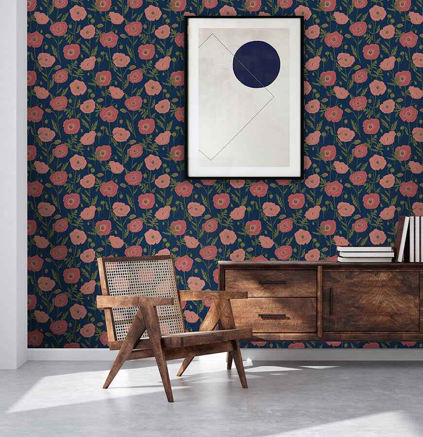 Navy Pink Poppy Field Peel and Stick Wallpaper - York Wallcoverings - JHS5028 - York Wallcoverings Wallpaper