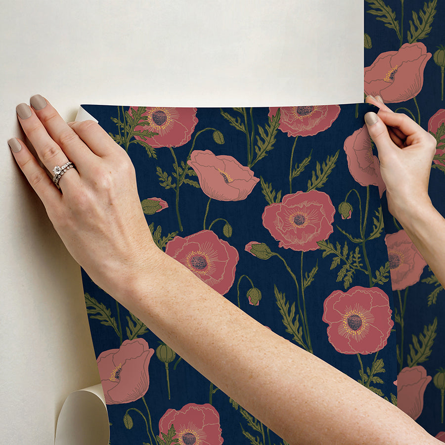 Navy Pink Poppy Field Peel and Stick Wallpaper - Brewster Wallcovering