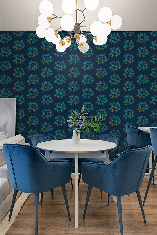 Navy Aqua StrawFlower Peel and Stick Wallpaper - Brewster Wallcovering