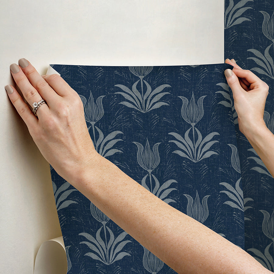 Navy Parrot Tulip Peel and Stick Wallpaper - Brewster Wallcovering