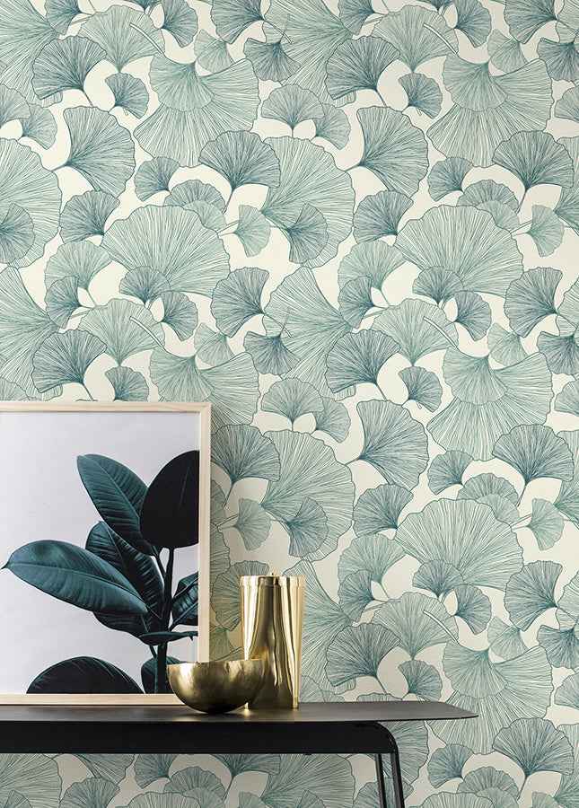 Waft Teal Ginkgo Wallpaper - York Wallcoverings - RH407662 - York Wallcoverings Wallpaper