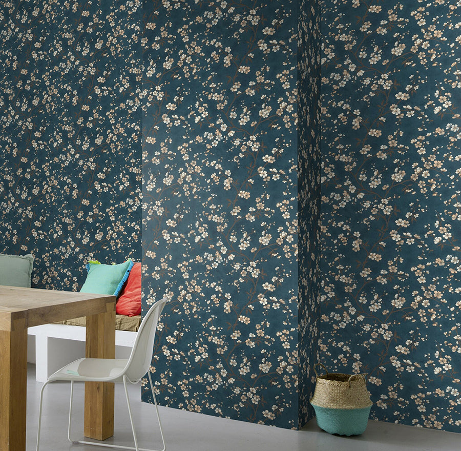 Tsubomi Blue Cherry Blossom Wallpaper - Brewster Wallcovering