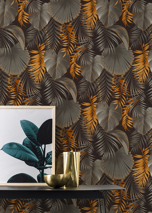 Valdivi Black Palm Fronds Wallpaper - Brewster Wallcovering