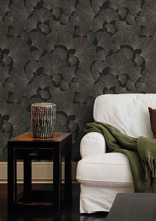 Waft Black Ginkgo Wallpaper - York Wallcoverings - RH462234 - York Wallcoverings Wallpaper