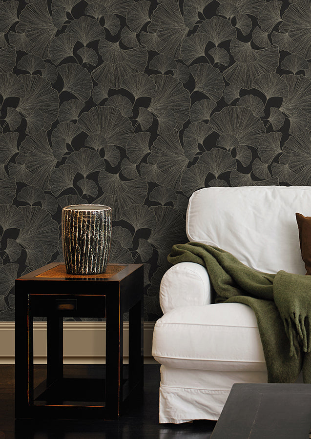 Waft Black Ginkgo Wallpaper - Brewster Wallcovering