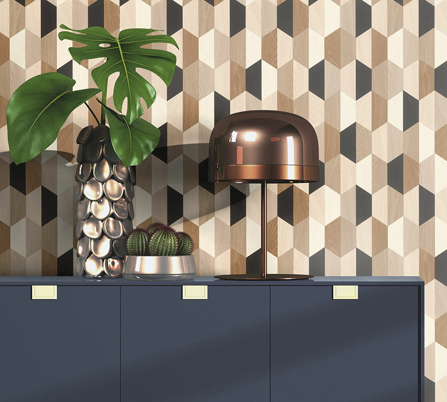 Anthony Black Wooden Hexagon Wallpaper - Brewster Wallcovering