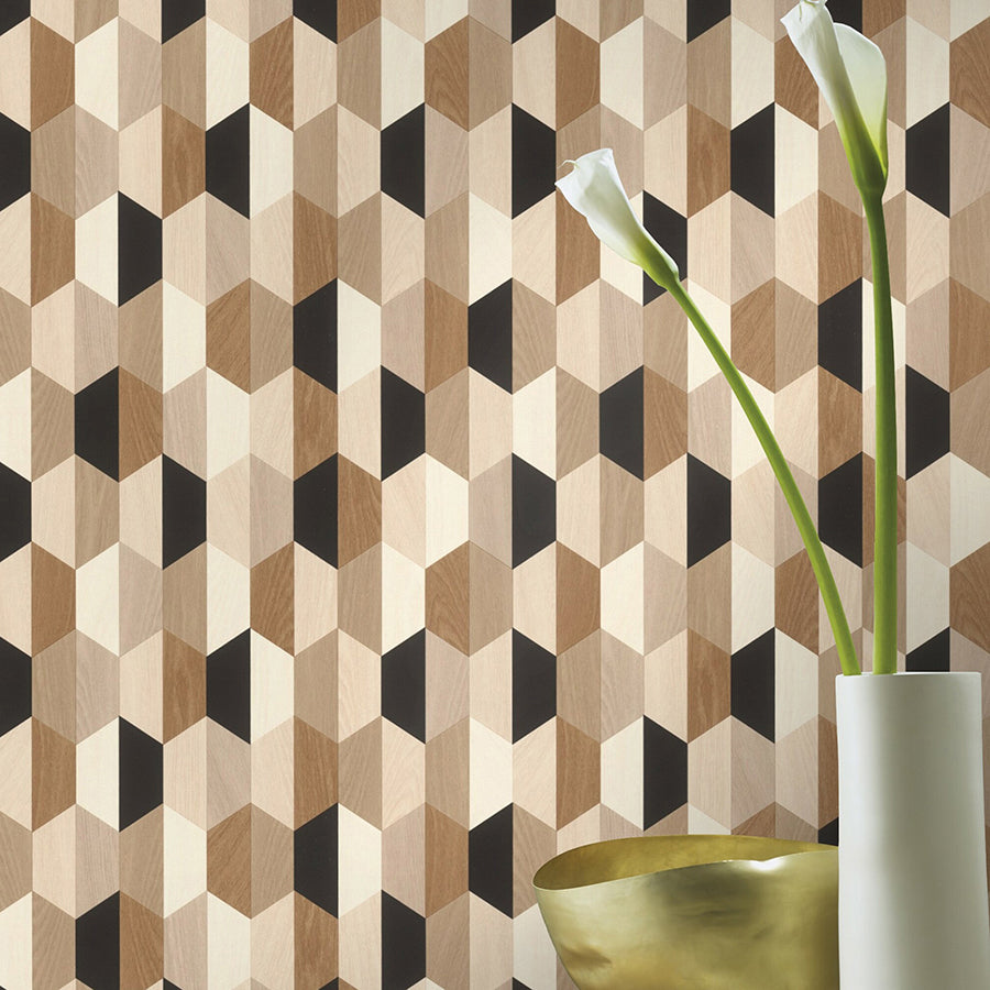 Anthony Black Wooden Hexagon Wallpaper - Brewster Wallcovering