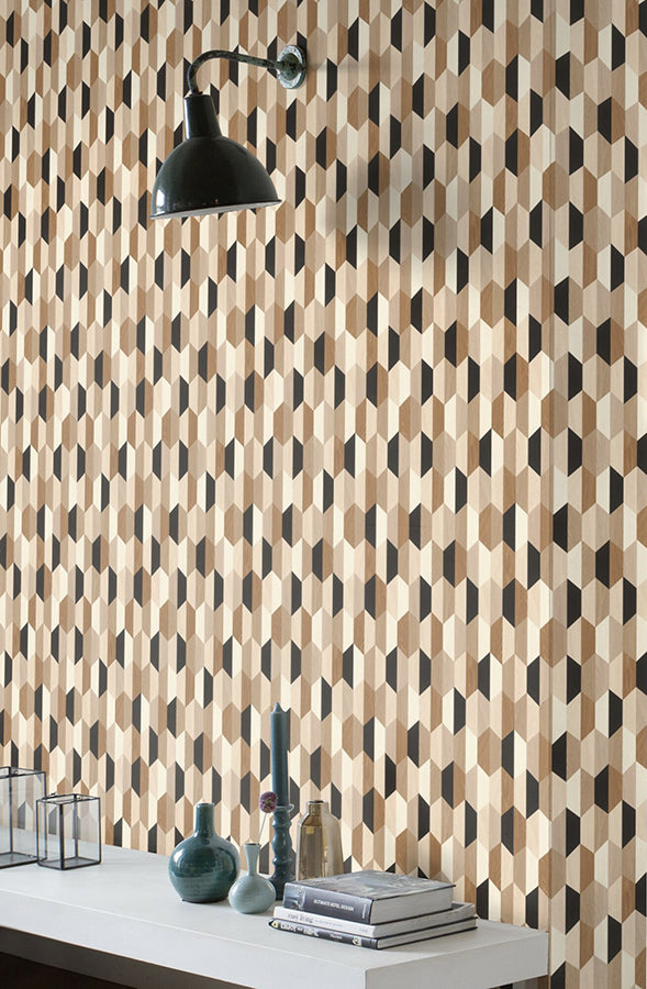 Anthony Black Wooden Hexagon Wallpaper - Brewster Wallcovering