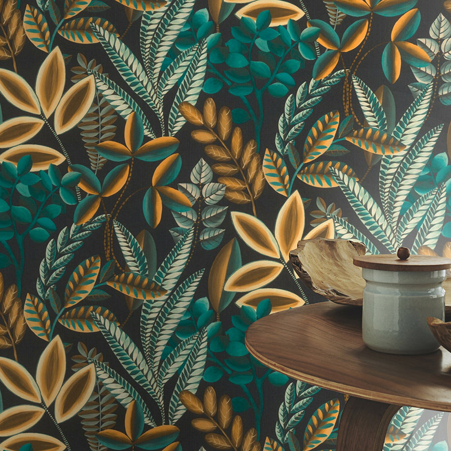 Liani Black Painterly Botanical Wallpaper - Brewster Wallcovering