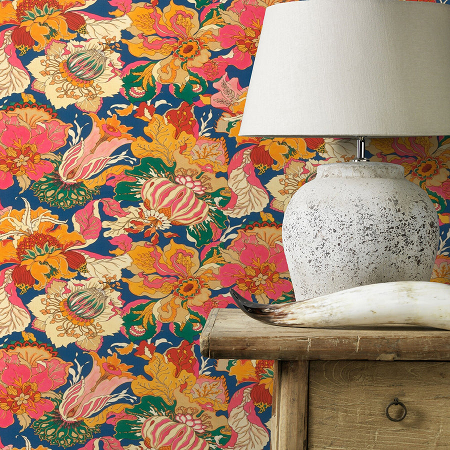 Odisha Orange Jacobean Floral Wallpaper  | Brewster Wallcovering - The WorkRm