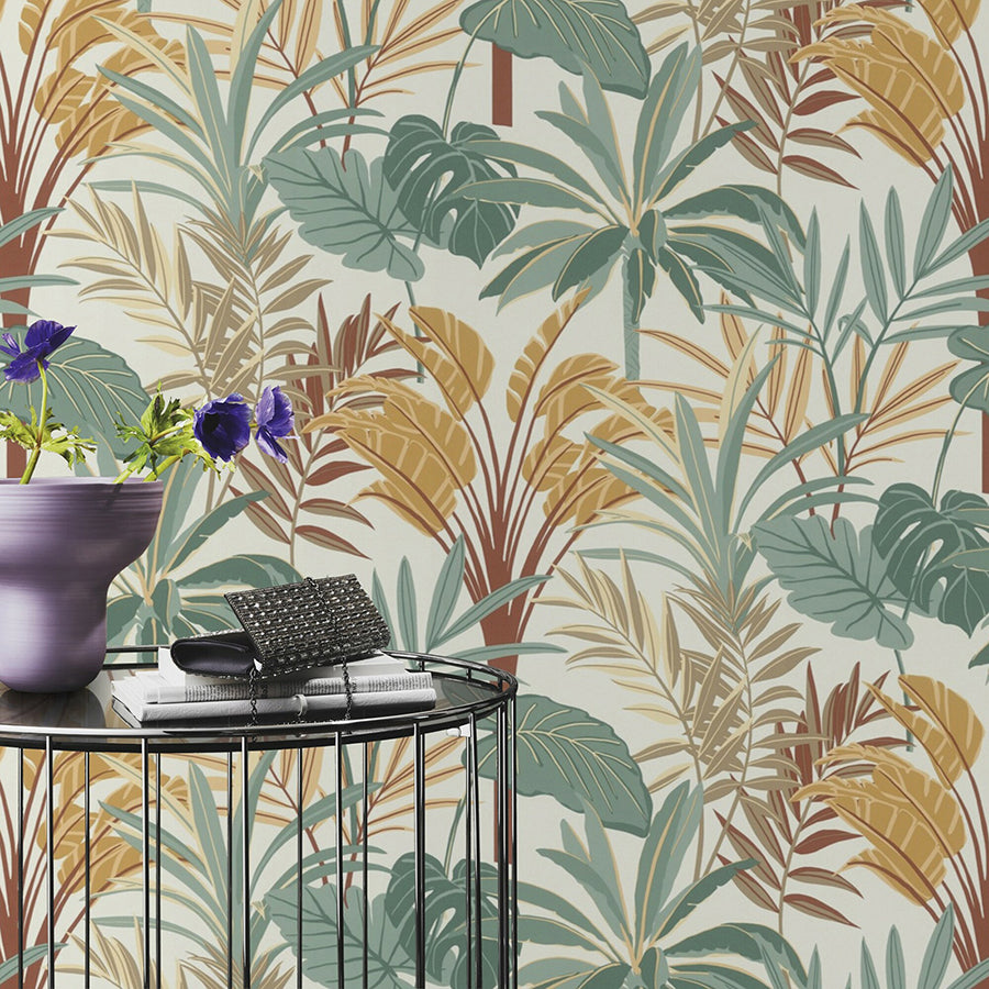 Rudyard Apricot Tropical Flora Wallpaper - Brewster Wallcovering