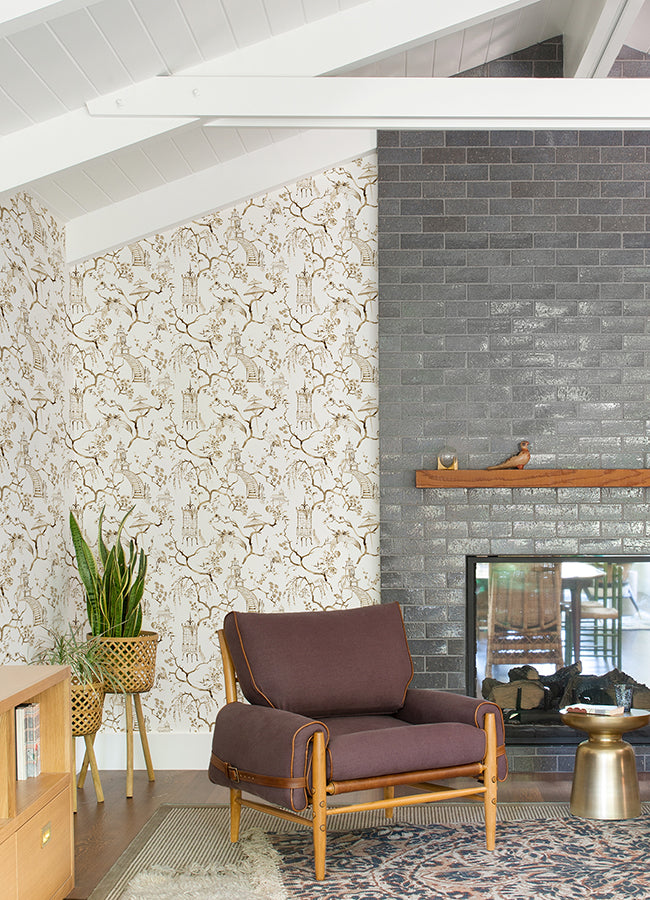 Serena Coffee Chinoiserie Wallpaper - Brewster Wallcovering