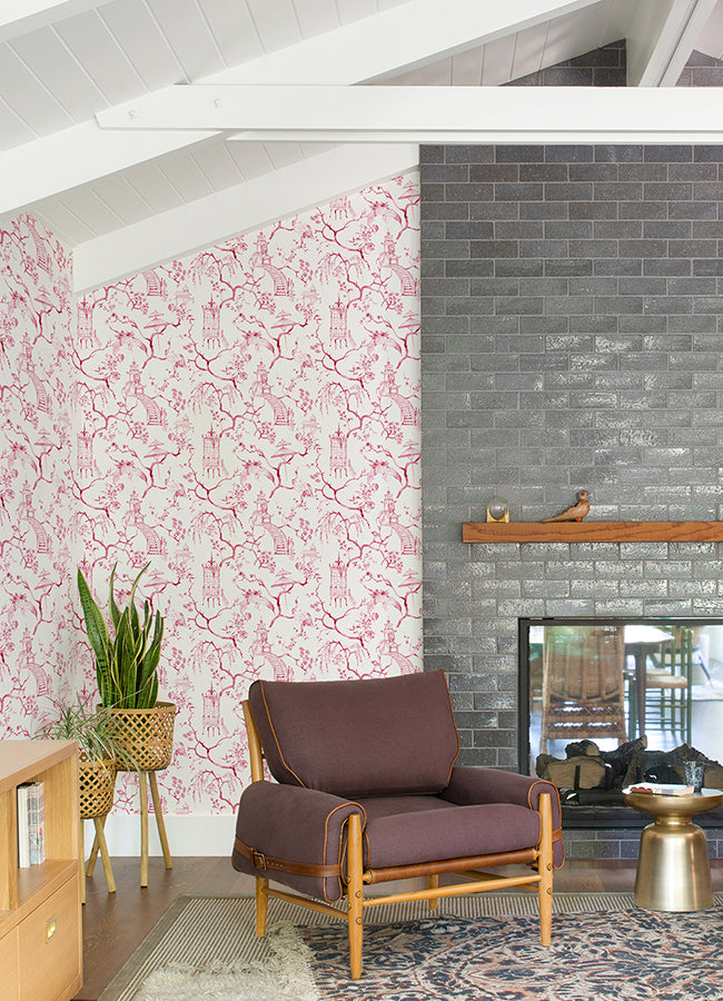 Serena Raspberry Chinoiserie Wallpaper - Brewster Wallcovering