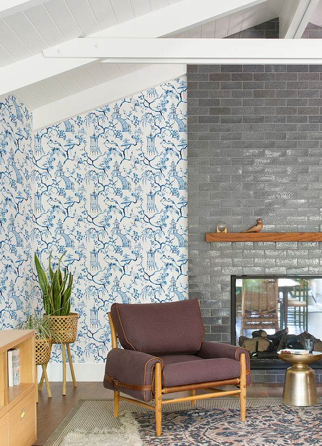 Serena Blue Chinoiserie Wallpaper - Brewster Wallcovering