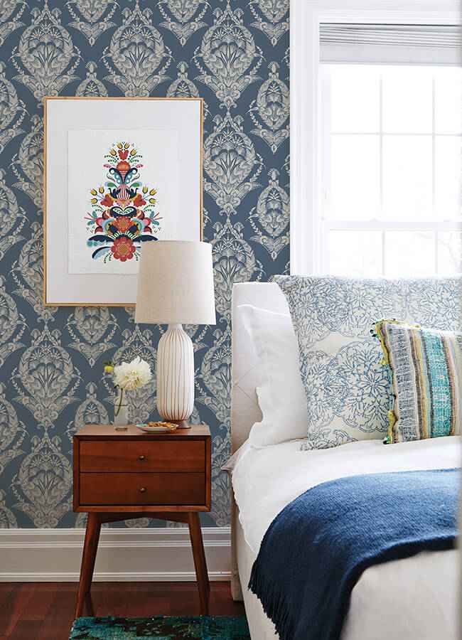 Arlie Indigo Botanical Damask Wallpaper - York Wallcoverings - 4120-26817 - York Wallcoverings Wallpaper