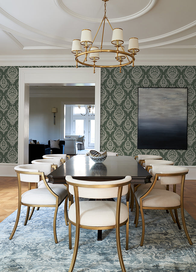 Arlie Evergreen Botanical Damask Wallpaper  | Brewster Wallcovering - The WorkRm