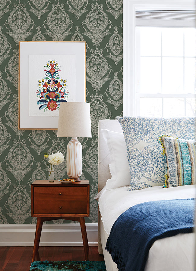 Arlie Evergreen Botanical Damask Wallpaper  | Brewster Wallcovering - The WorkRm