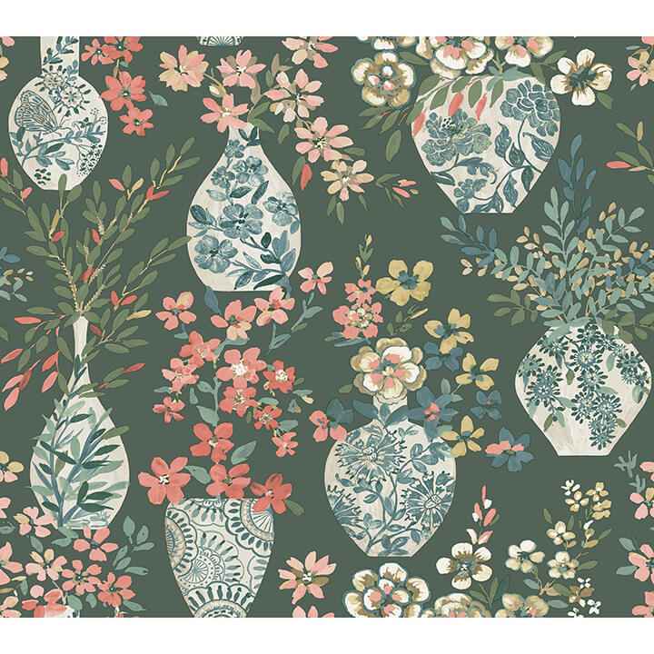 Harper Green Floral Vase Wallpaper - York Wallcoverings - 4120-72000