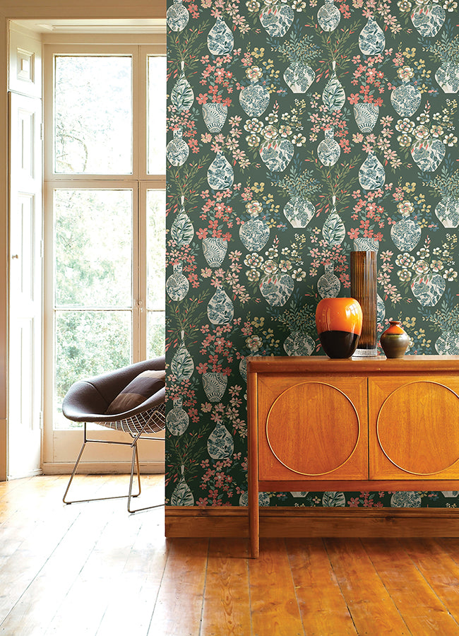 Harper Green Floral Vase Wallpaper - Brewster Wallcovering