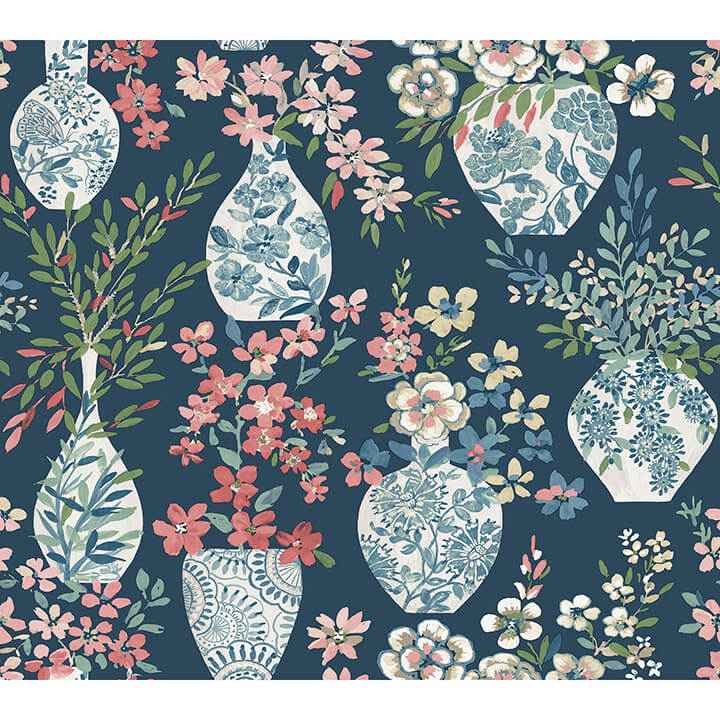 Harper Teal Floral Vase Wallpaper - York Wallcoverings - 4120-72001 - York Wallcoverings Wallpaper