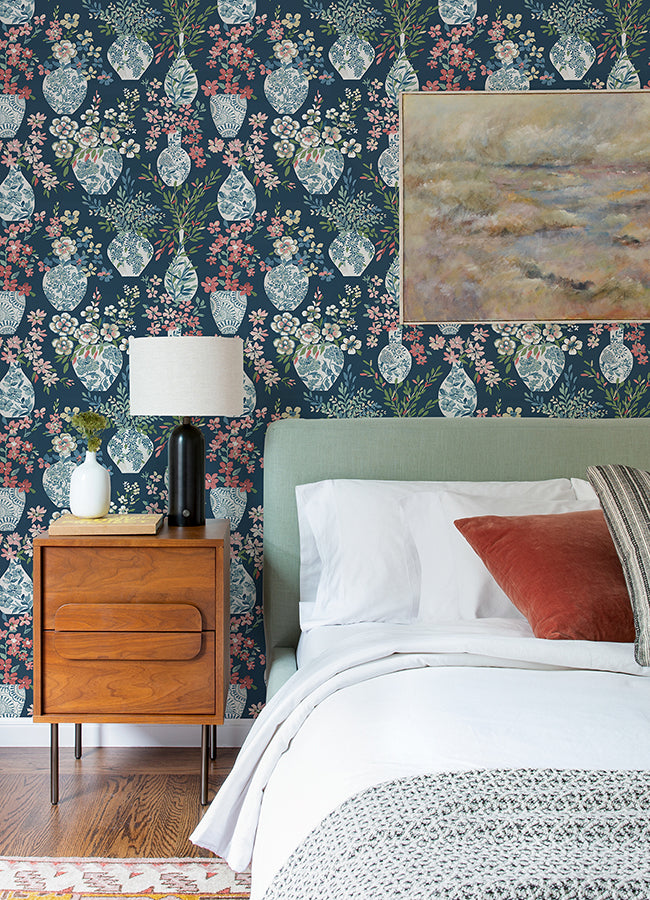 Harper Teal Floral Vase Wallpaper  | Brewster Wallcovering - The WorkRm