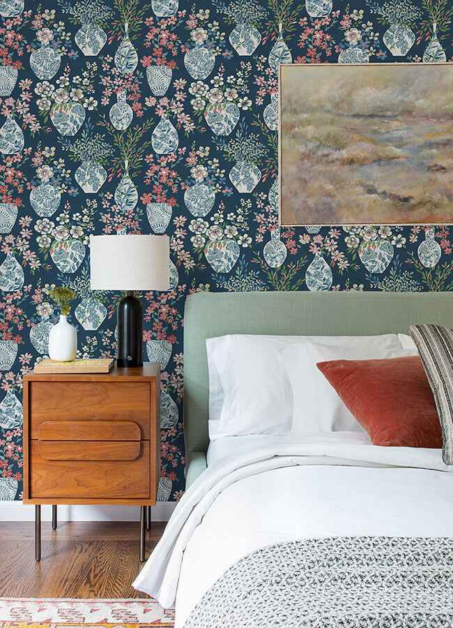 Harper Teal Floral Vase Wallpaper - York Wallcoverings - 4120-72001 - York Wallcoverings Wallpaper