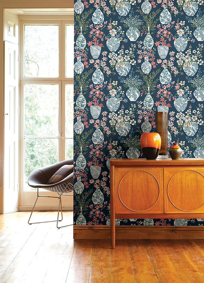 Harper Teal Floral Vase Wallpaper - Brewster Wallcovering