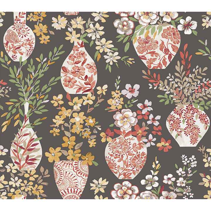 Harper Brown Floral Vase Wallpaper - York Wallcoverings - 4120-72002