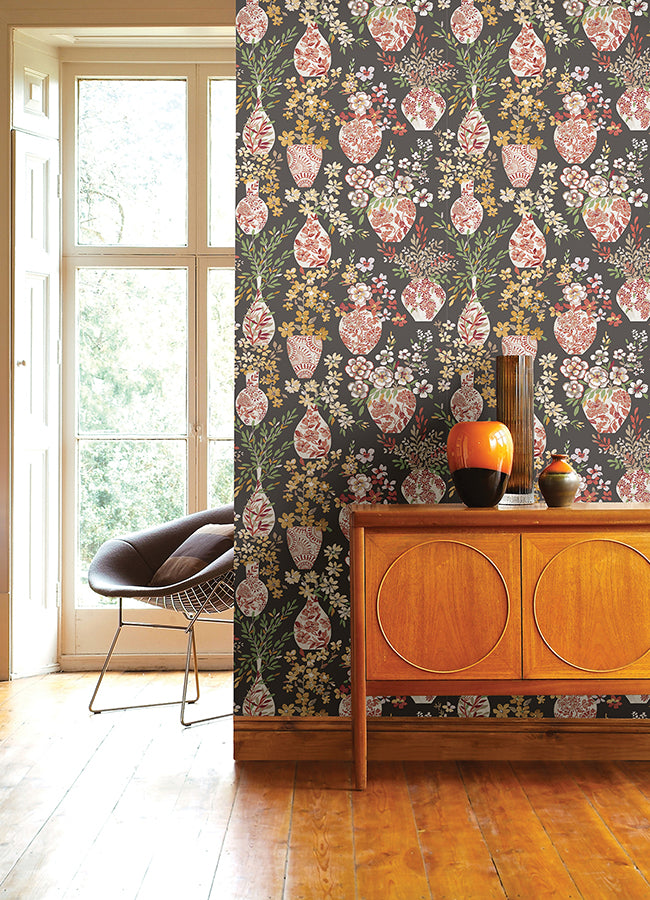 Harper Brown Floral Vase Wallpaper - Brewster Wallcovering