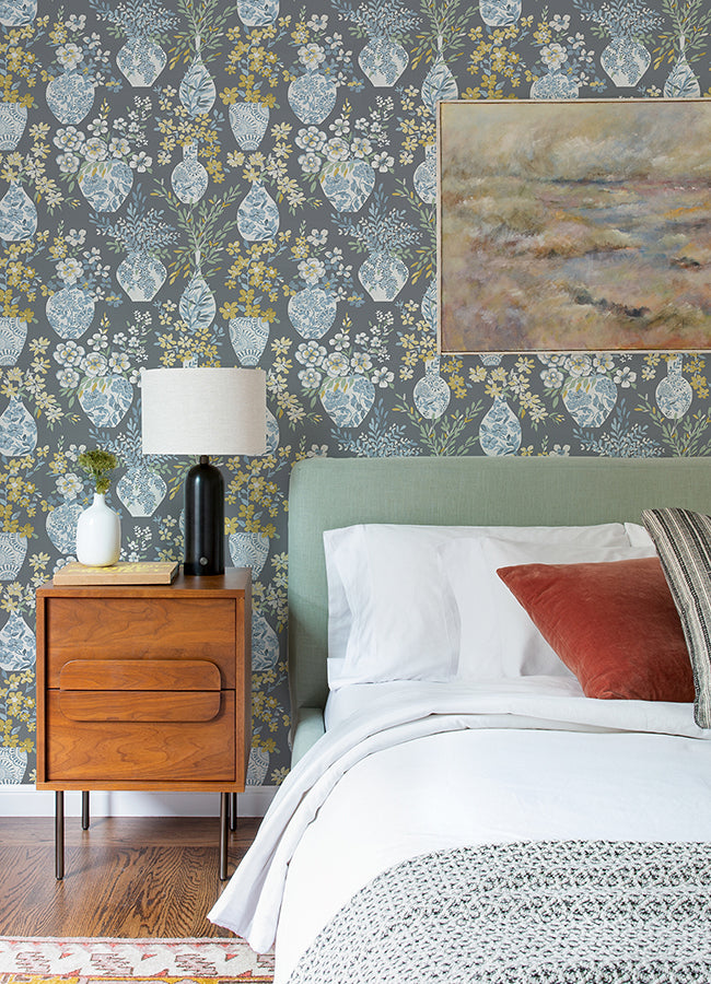 Harper Grey Floral Vase Wallpaper - Brewster Wallcovering