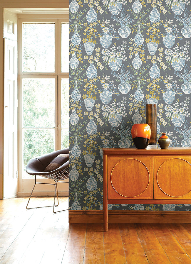 Harper Grey Floral Vase Wallpaper - Brewster Wallcovering