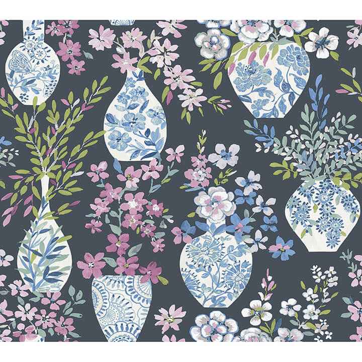 Harper Charcoal Floral Vase Wallpaper - York Wallcoverings - 4120-72004