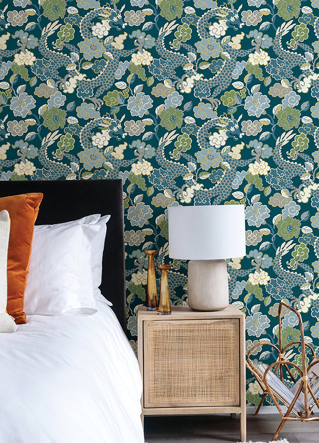 Yanci Teal Dragon Wallpaper  | Brewster Wallcovering - The WorkRm